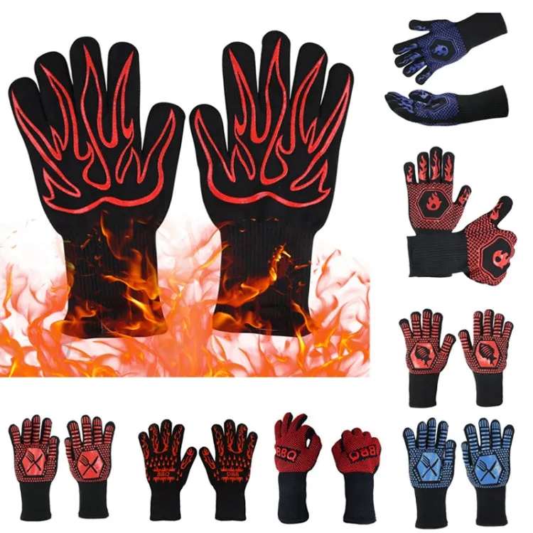 1 Pair High Temperature Resistant Silicone BBQ Gloves  Anti-Scalding Gloves(Flame Dots  Blue)