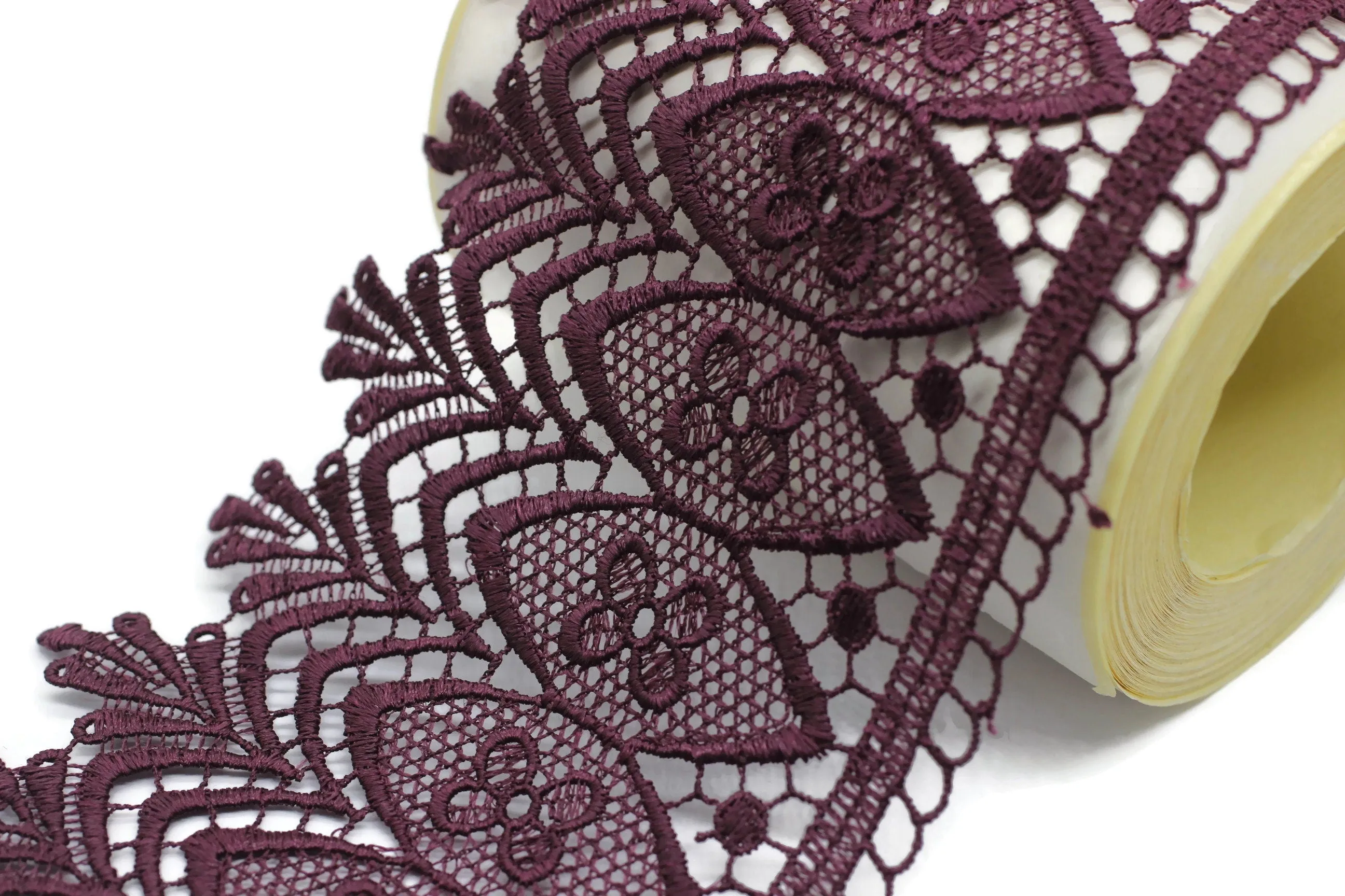 100mm 8 Mt. Aubergine Purple Bridal Guipure Lace Trim | 3.93 Inches Wide Lace Trim | Geometric Bridal Lace | French Guipure Curtain TRM100