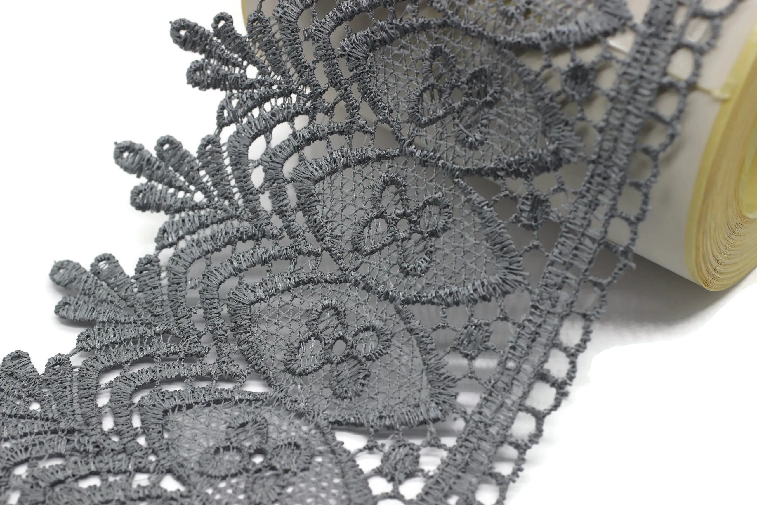 100mm 8 Mt. Dark Grey Bridal Guipure Lace Trim | 3.93 Inch Wide Lace Trim | Geometric Bridal Lace | French Guipure | Lace Fabric TRM100