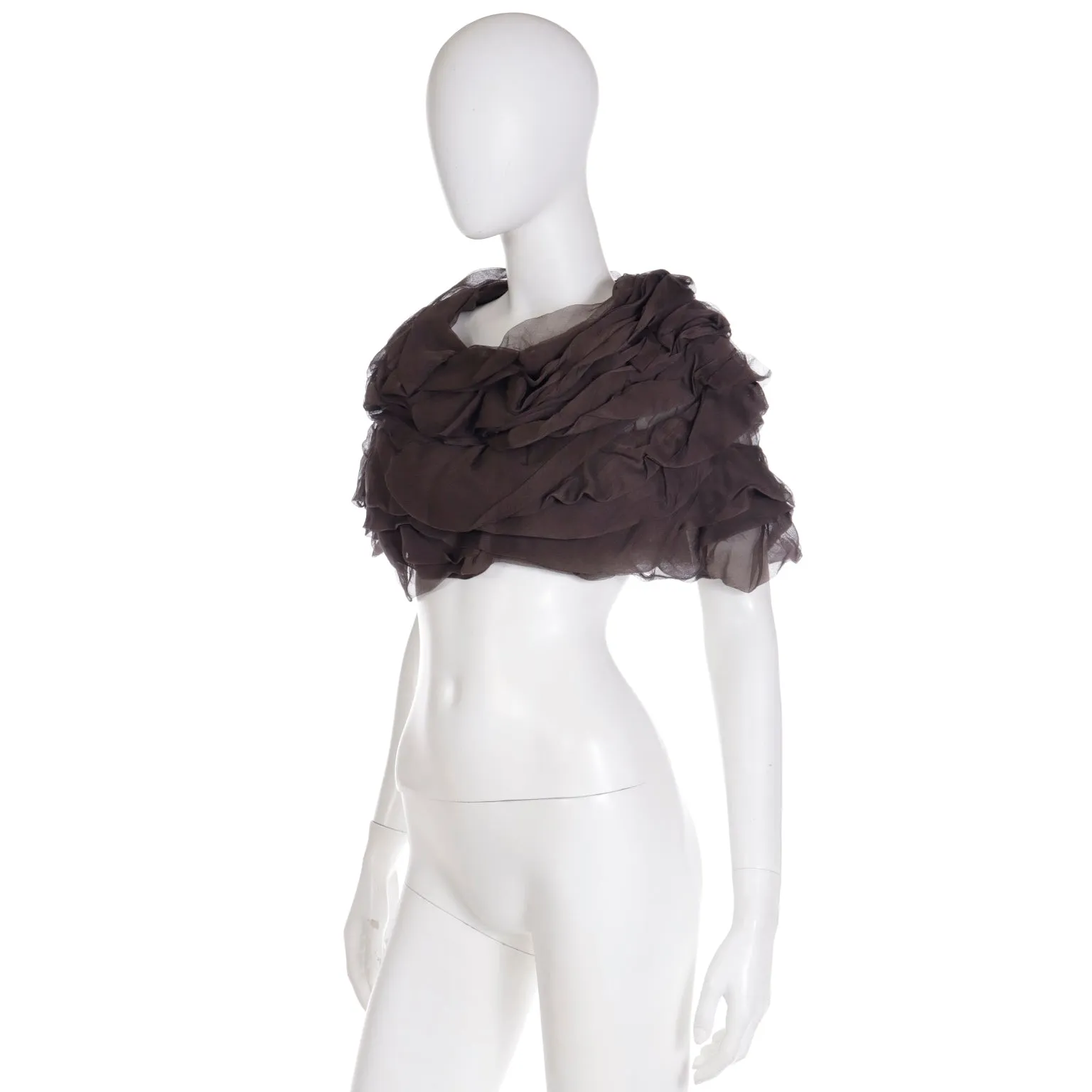 2000s Moschino Brown Ruffled Silk Organza Cropped Top or Capelet