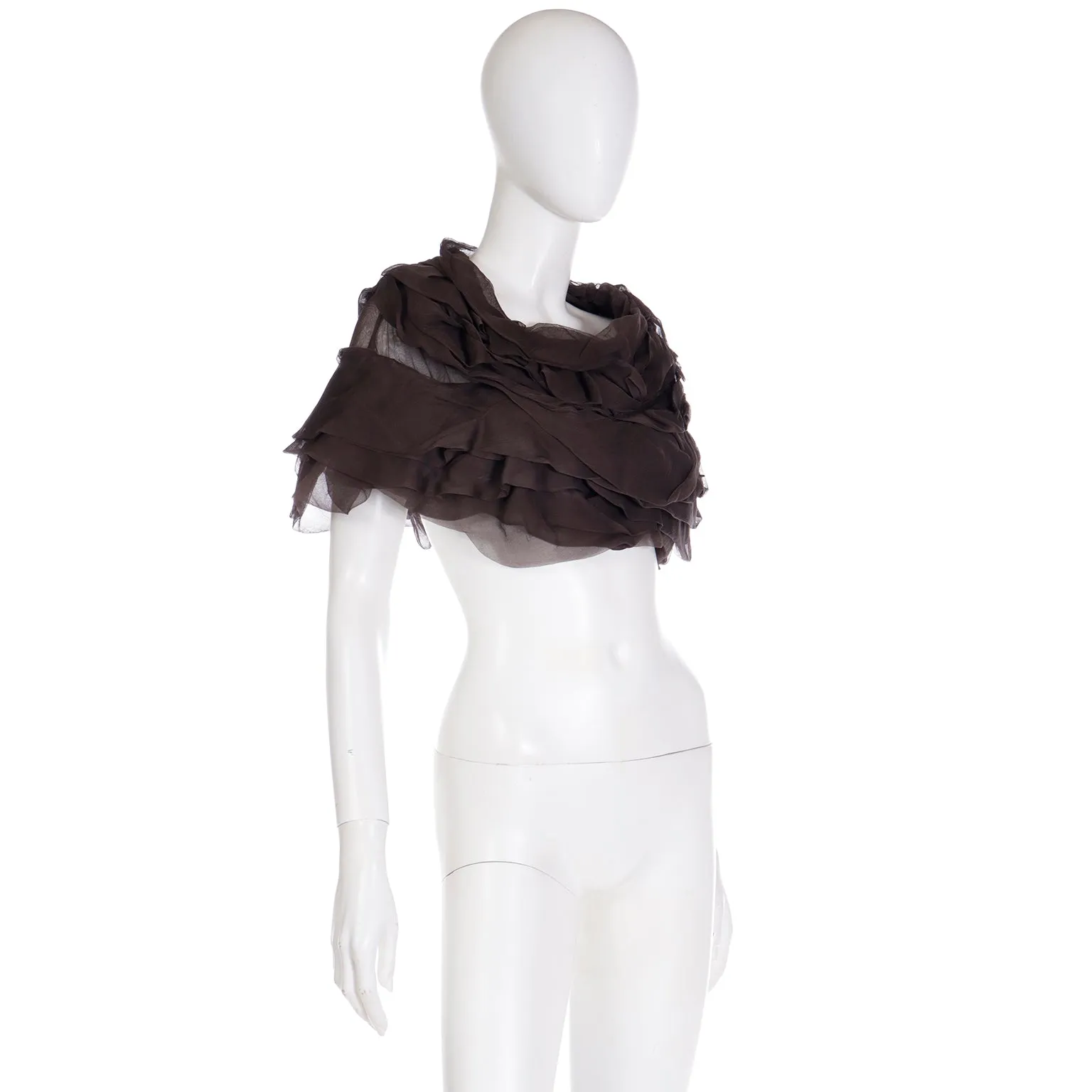 2000s Moschino Brown Ruffled Silk Organza Cropped Top or Capelet