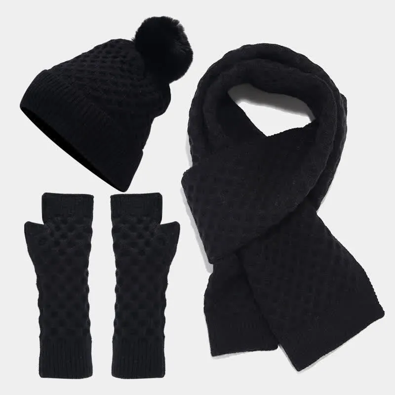 3Pcs Women's Criss Cross Knit Hat Scarf Gloves Set