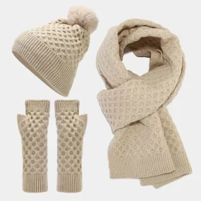 3Pcs Women's Criss Cross Knit Hat Scarf Gloves Set