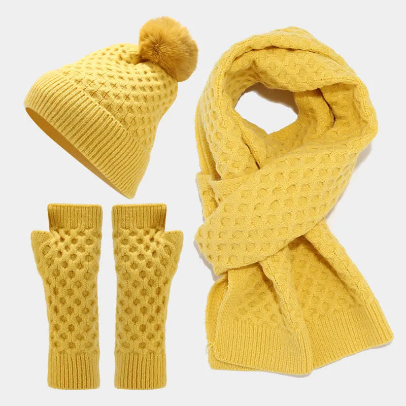 3Pcs Women's Criss Cross Knit Hat Scarf Gloves Set