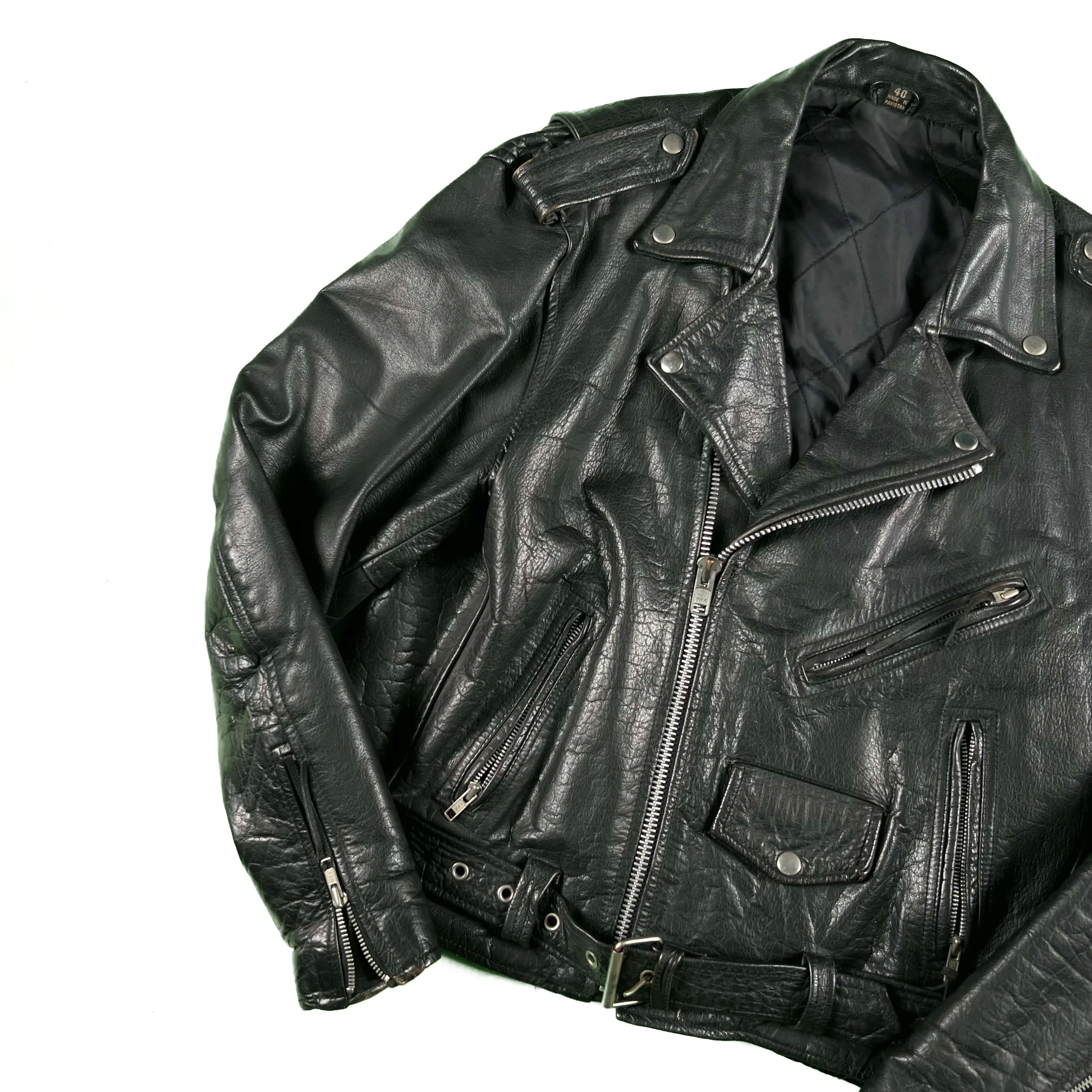 90s Black Leather Moto Biker Jacket- M