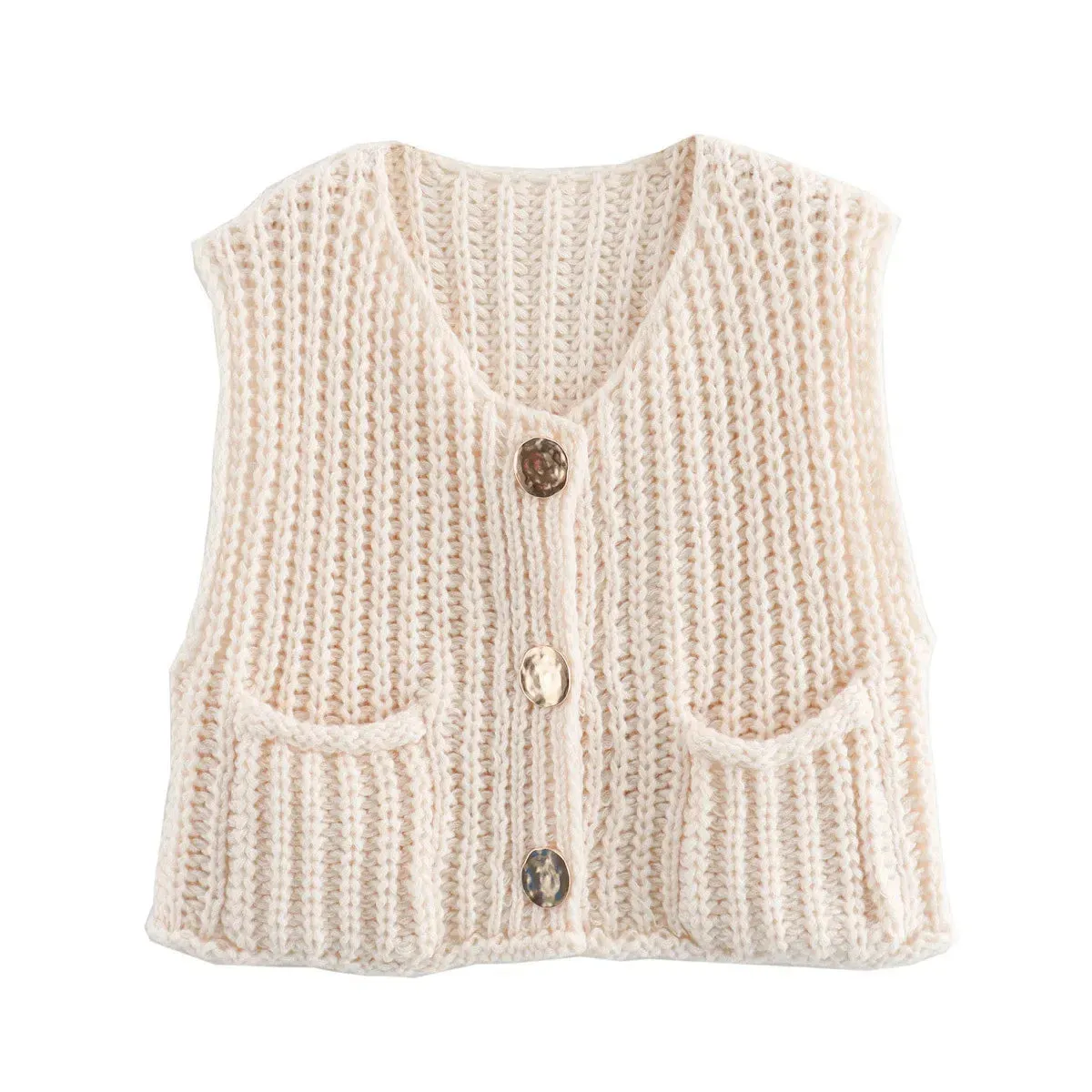 Advbridge Solid Hollow Out Slim Knitted Vest Women Chic O Neck Single Breasted Sleeveless Pocket Waistcoat Autumn Lady Short Vests