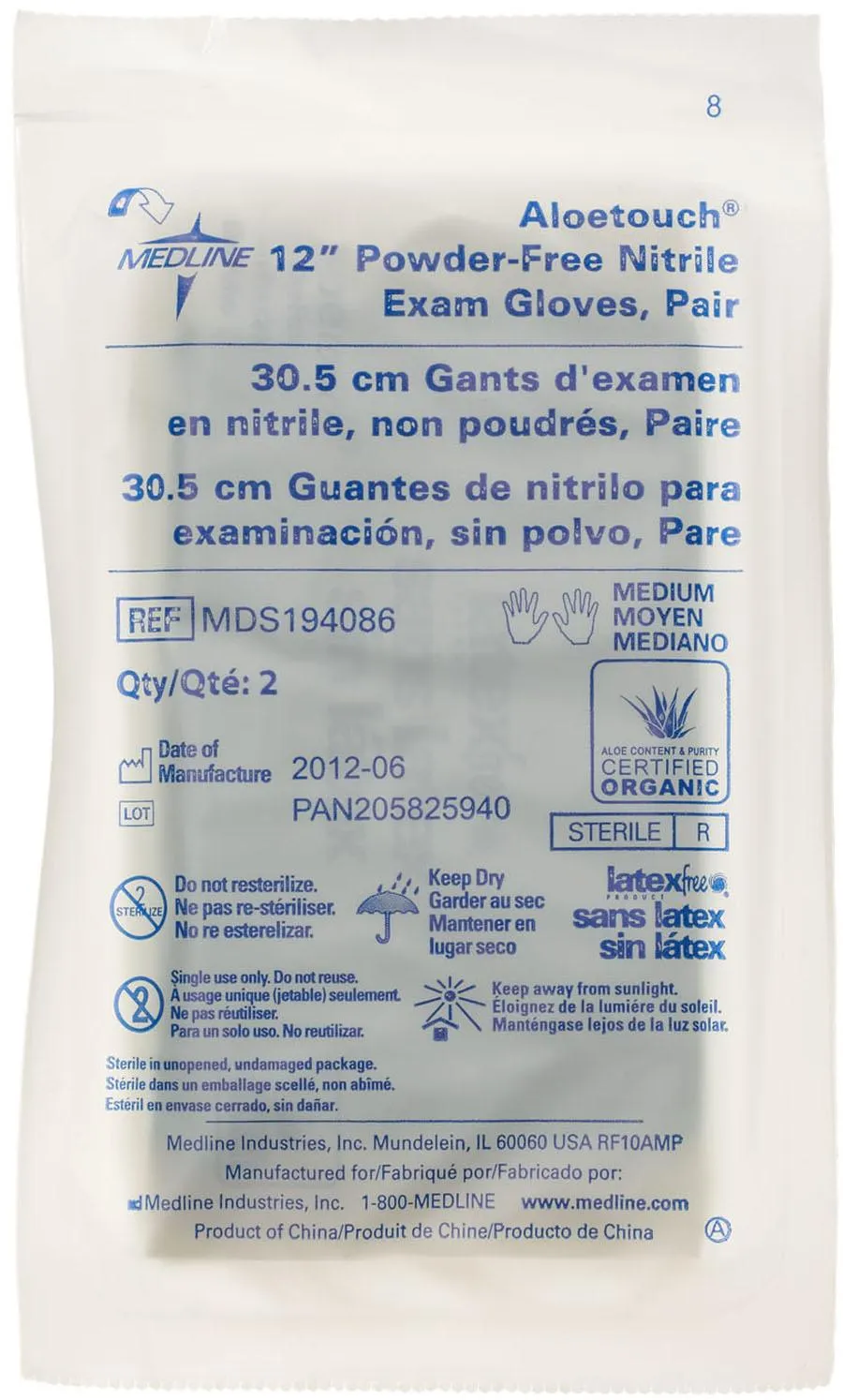 AloeTouch 12" Powder-Free Nitrile Exam Gloves, Sterile Pairs, Medium (case of 200)