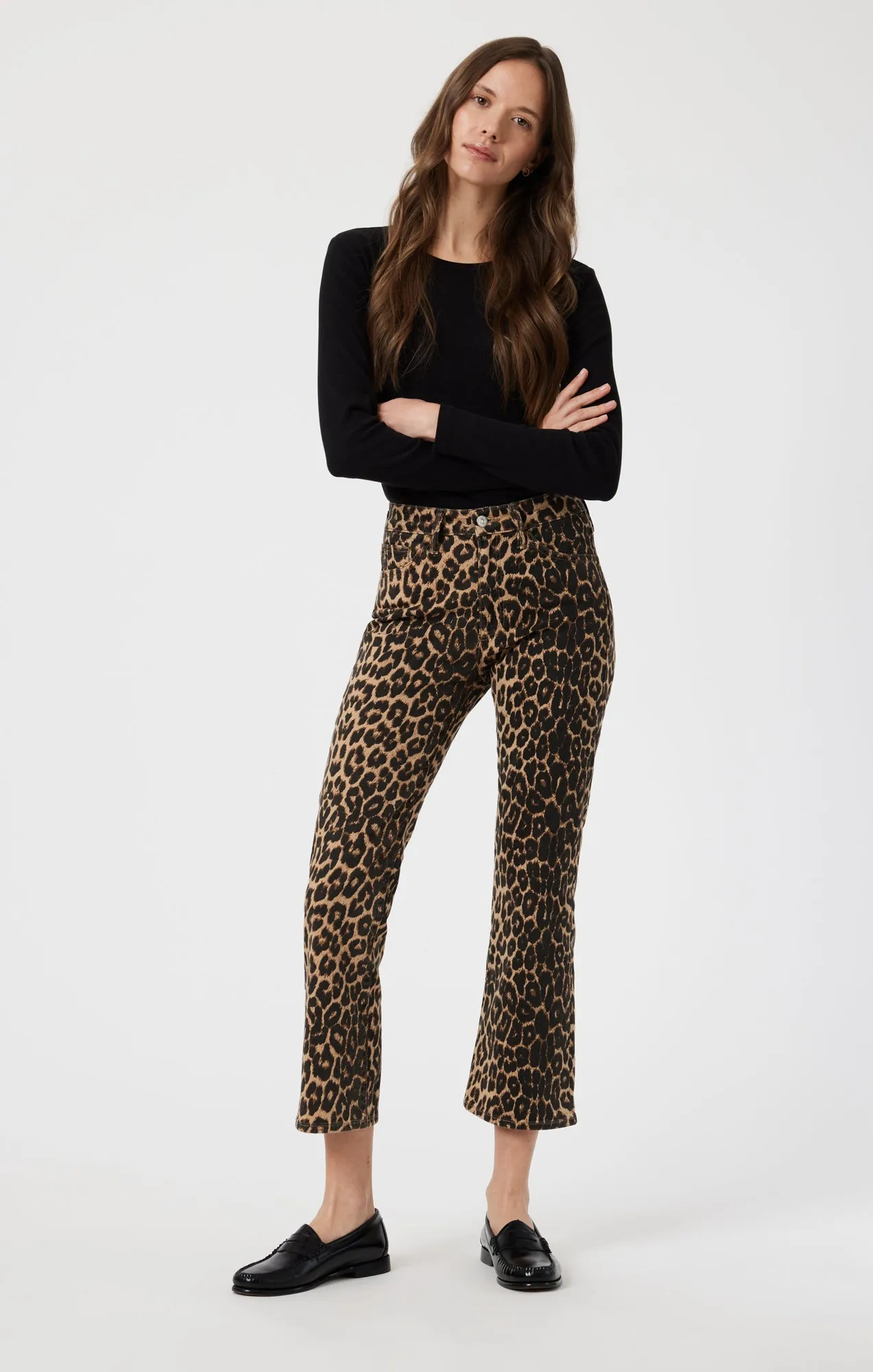 ANIKA CROP FLARE IN LEOPARD DENIM