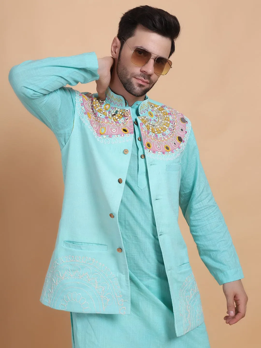 Aqua Blue Mirror Work Kurta Set