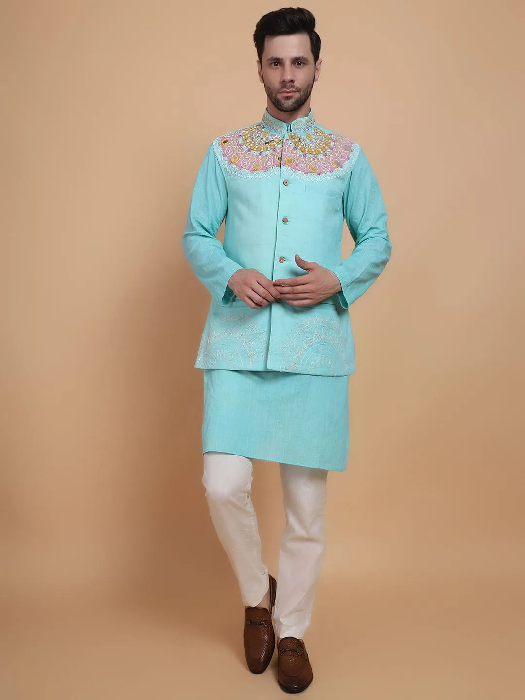 Aqua Blue Mirror Work Kurta Set