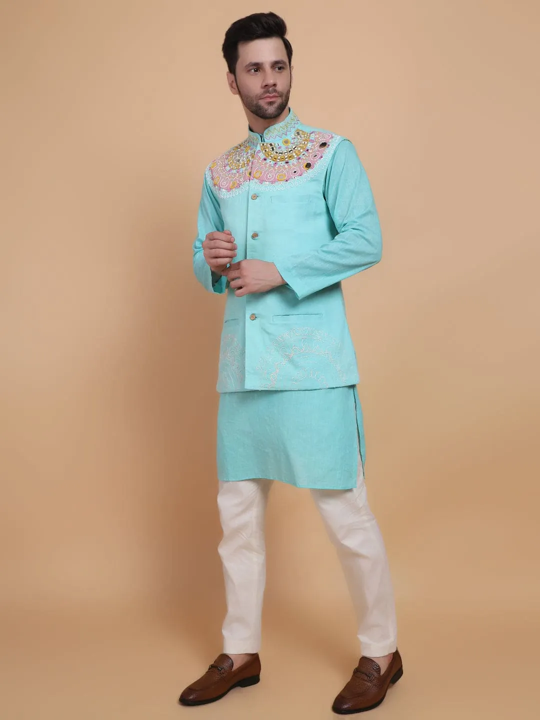 Aqua Blue Mirror Work Kurta Set