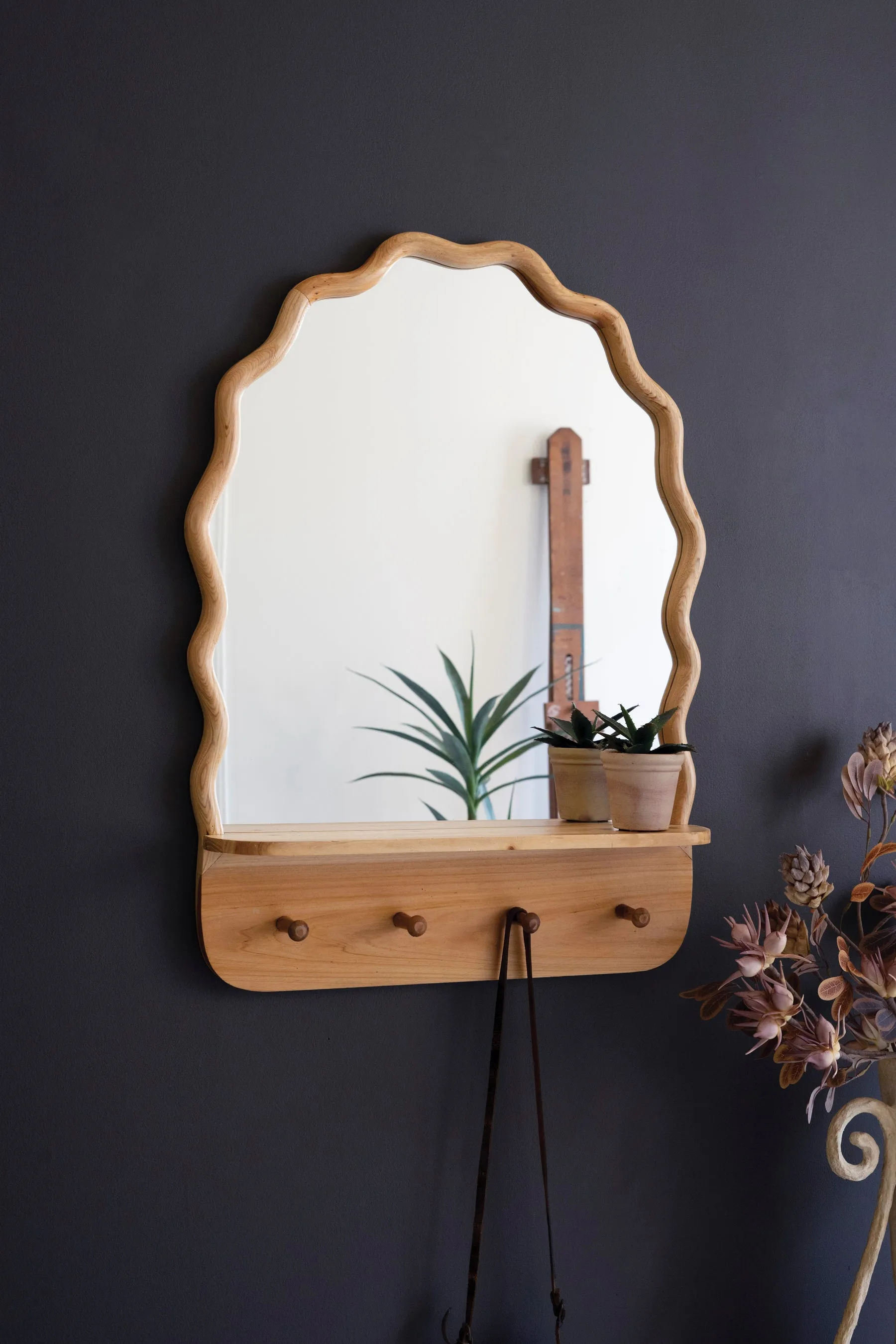 Arched Wooden Squiggle Framed Mirror W Shelf And Coat Hooks