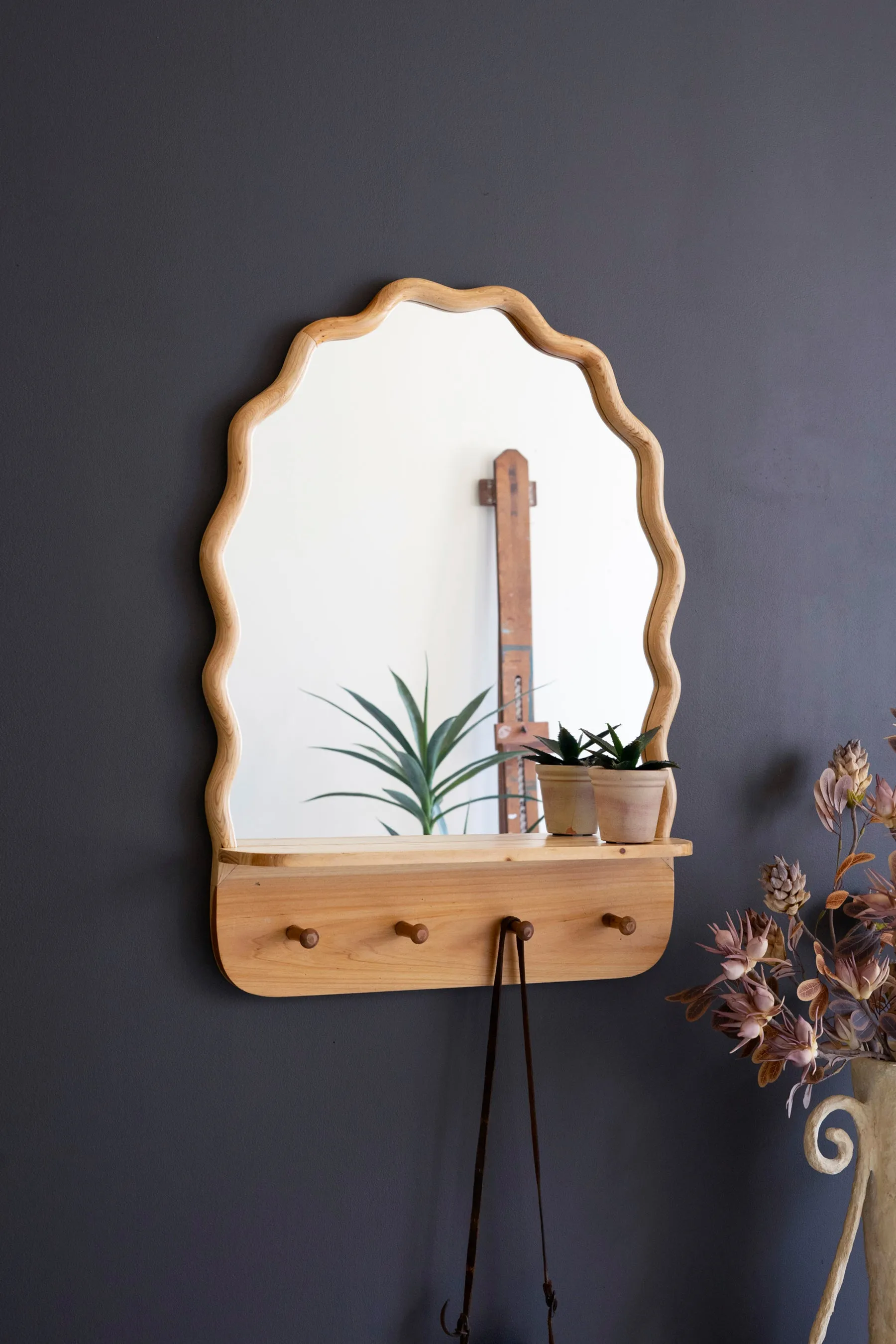 Arched Wooden Squiggle Framed Mirror W Shelf And Coat Hooks