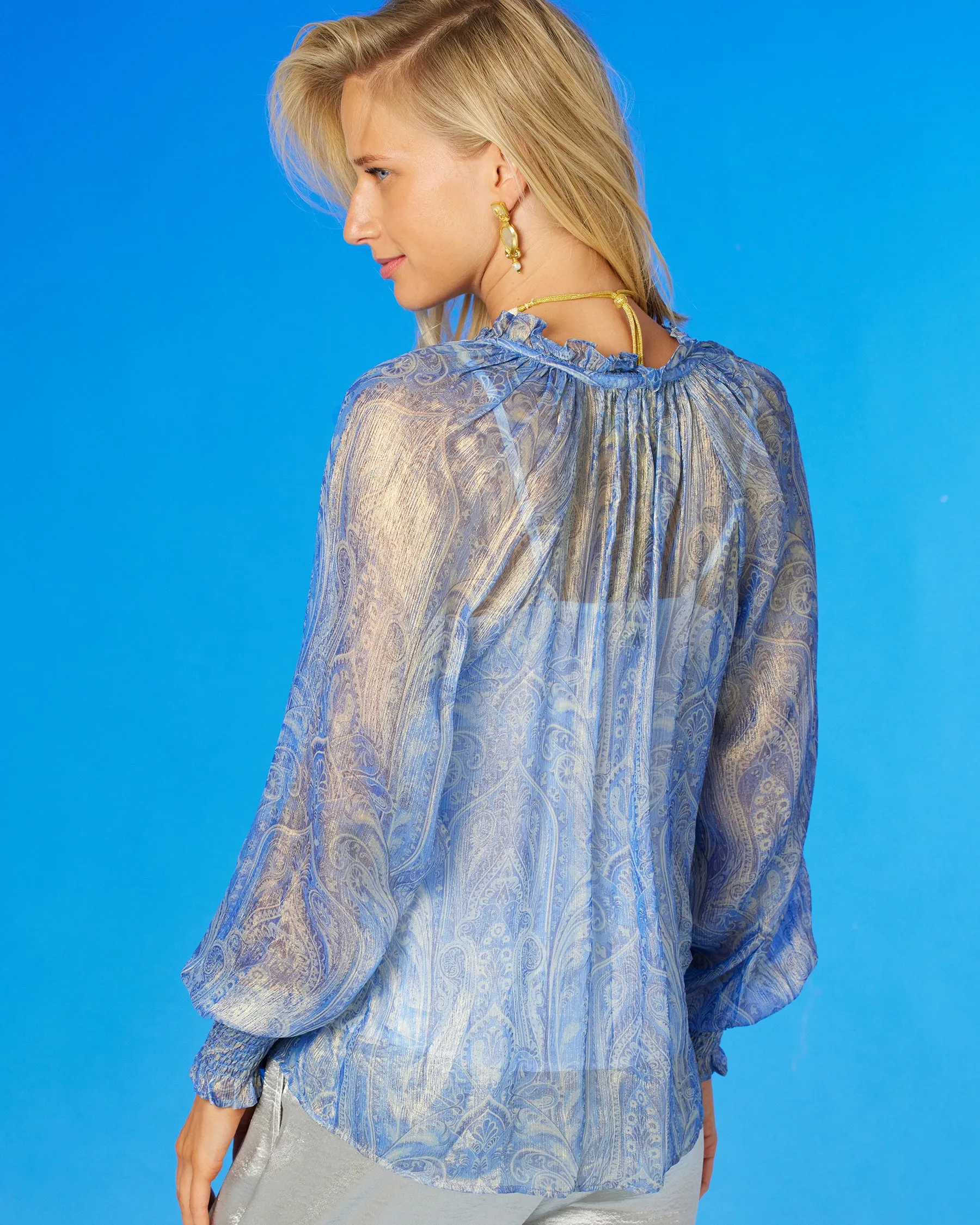 Artemisia Chiffon Blouse in Blue and Gold Paisley