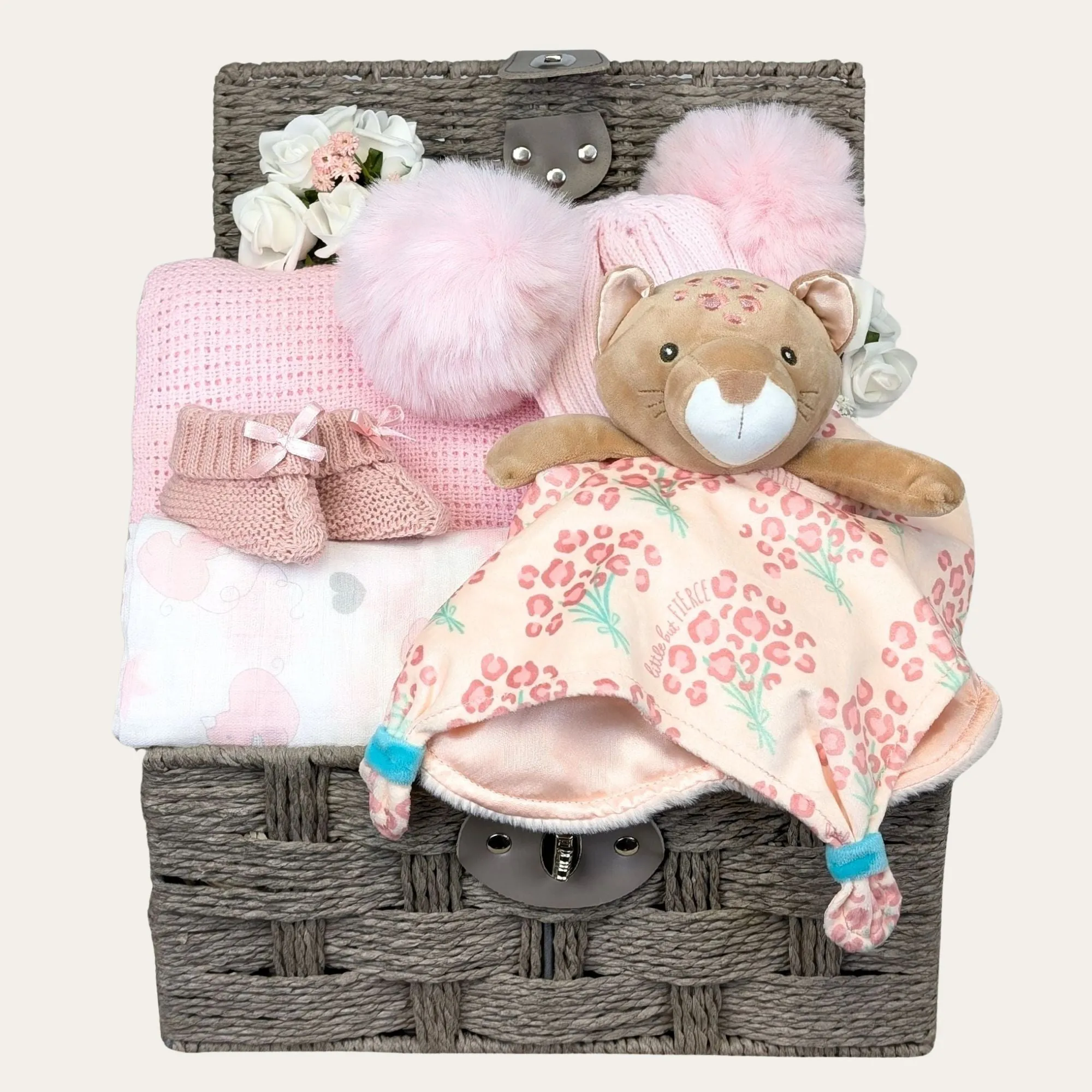 Baby Girl Gifts Basket Little But Fierce Sensory Comforter, Blanket and Hat