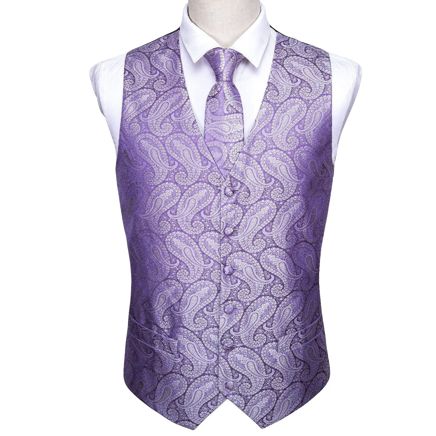 Baby Purple Paisley Silk Men's Vest Tie Hanky Cufflinks Set Waistcoat Suit Set