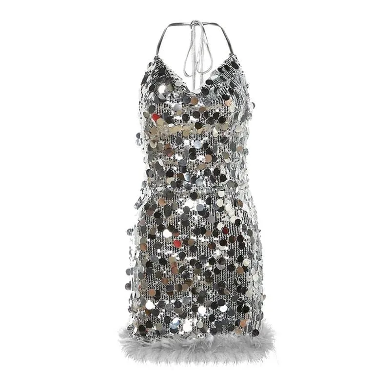 Backless Sequins Mini Dress with Spaghetti Straps, Clubwear