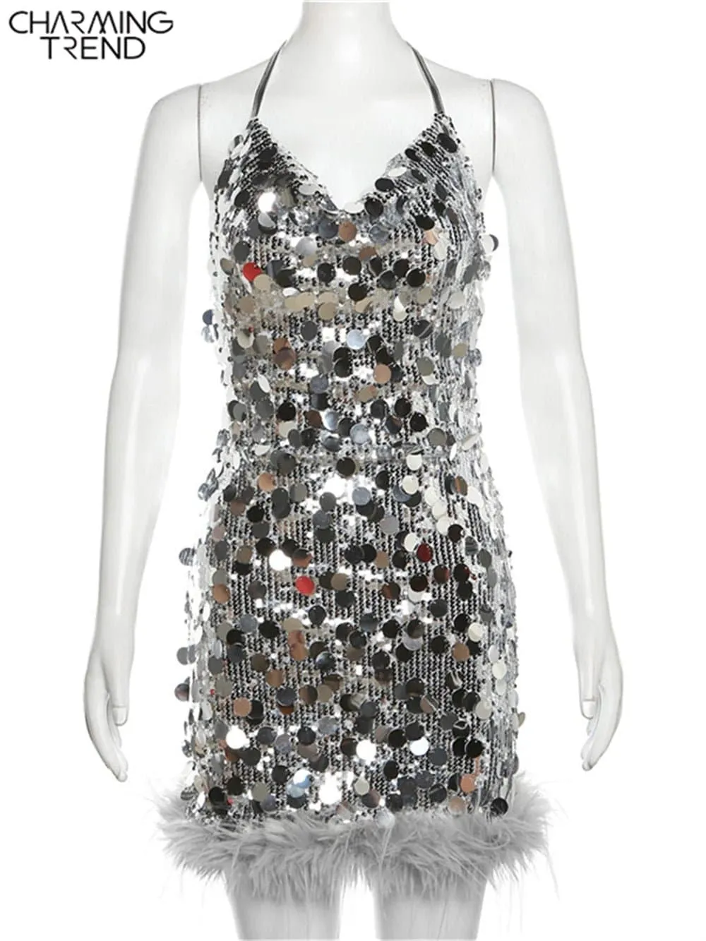 Backless Sequins Mini Dress with Spaghetti Straps, Clubwear