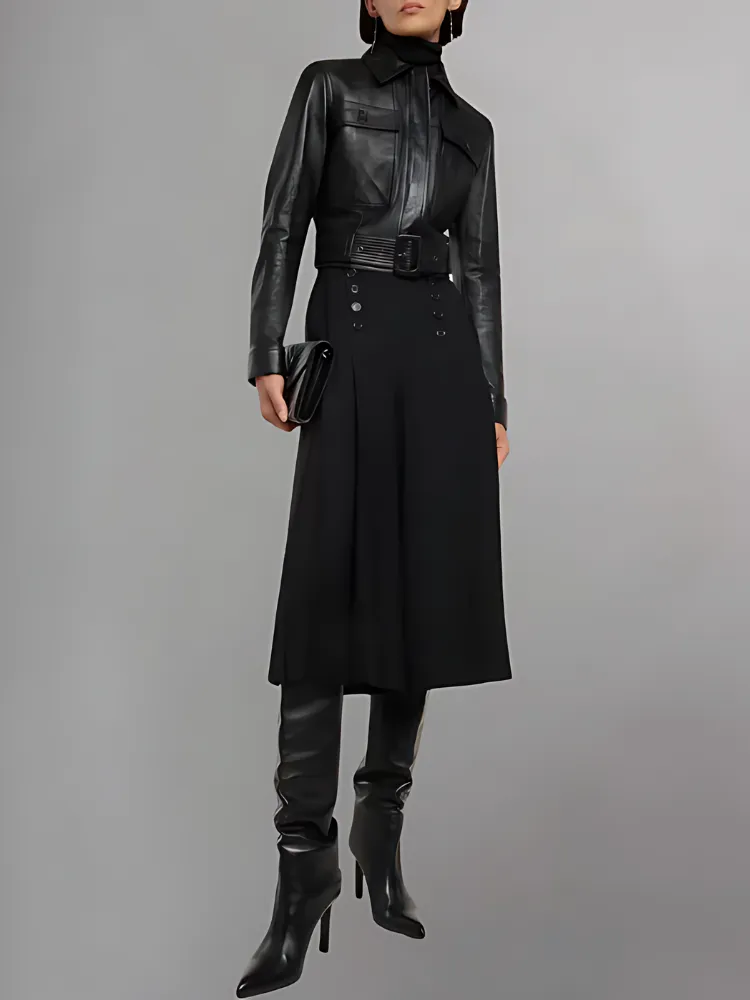 Belted Crop Leather Aviator Jacket