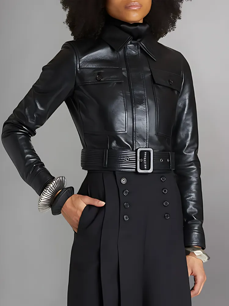 Belted Crop Leather Aviator Jacket