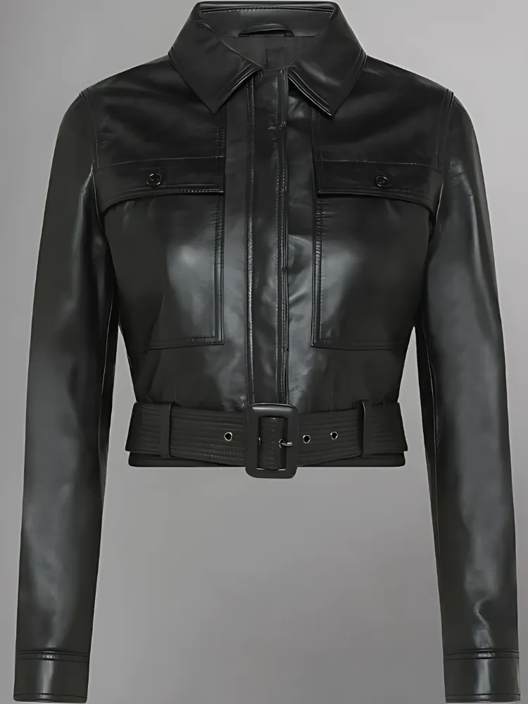 Belted Crop Leather Aviator Jacket