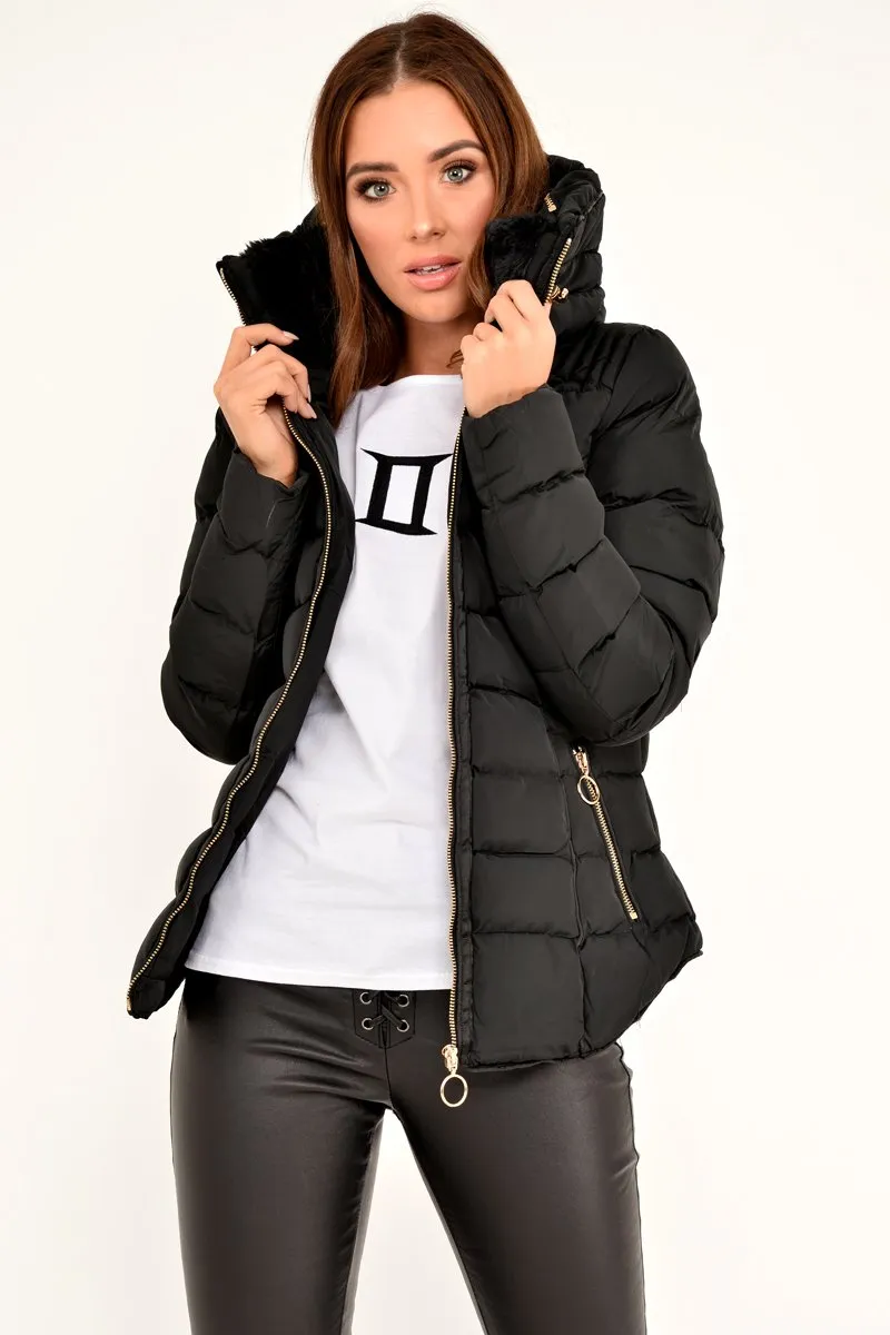 Black Fur Lined Ring Pull Puffer Coat - Riko