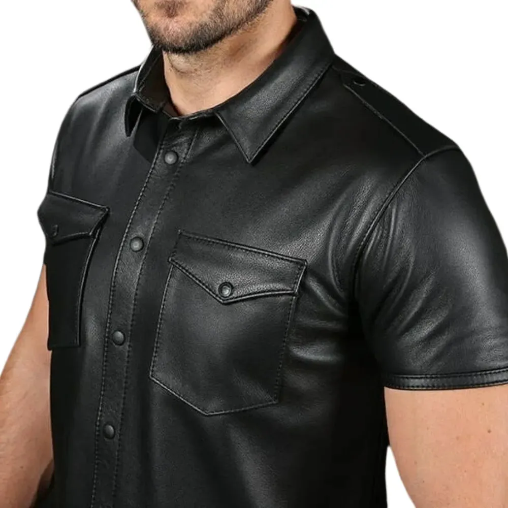 Black Leather Short Sleeve Shirt