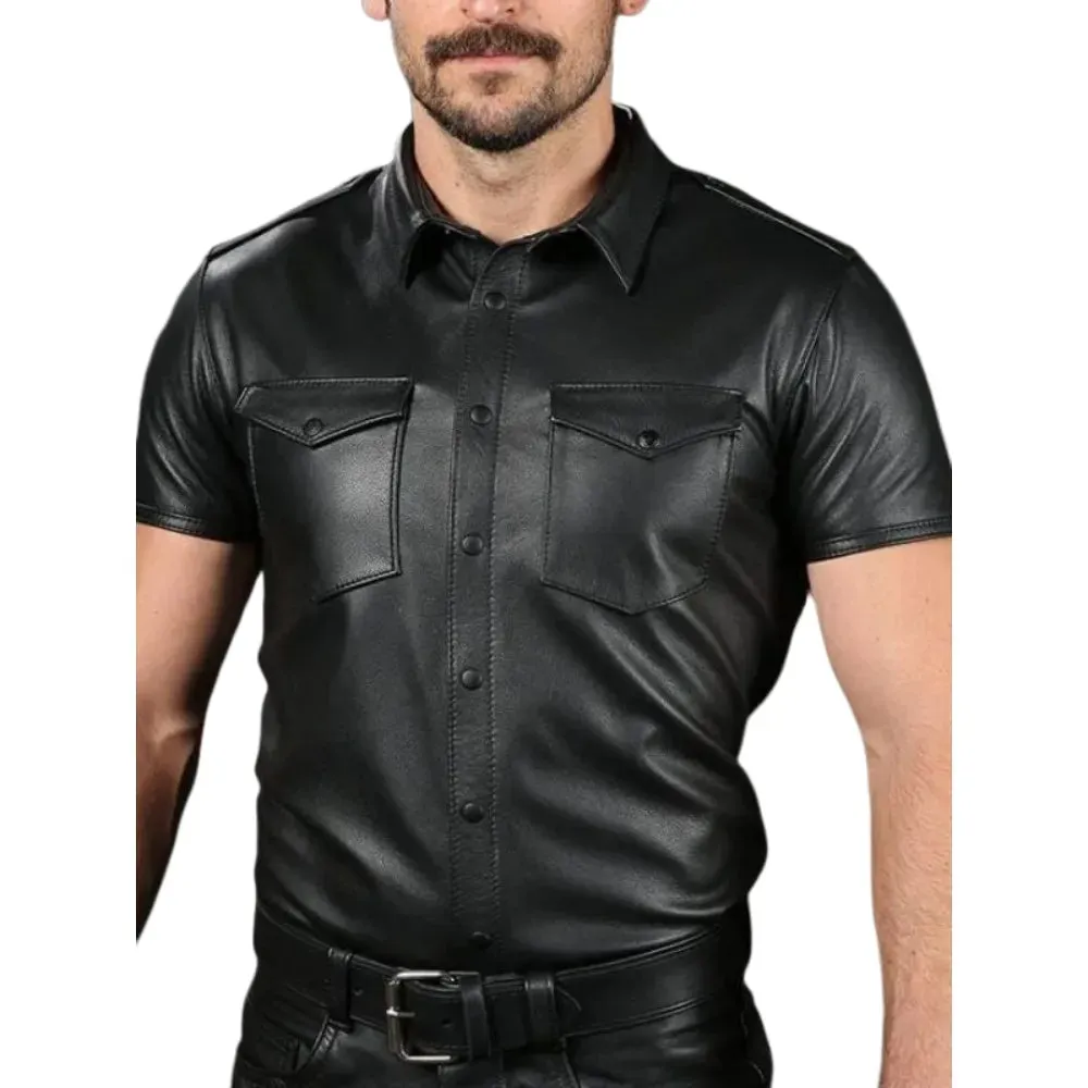 Black Leather Short Sleeve Shirt