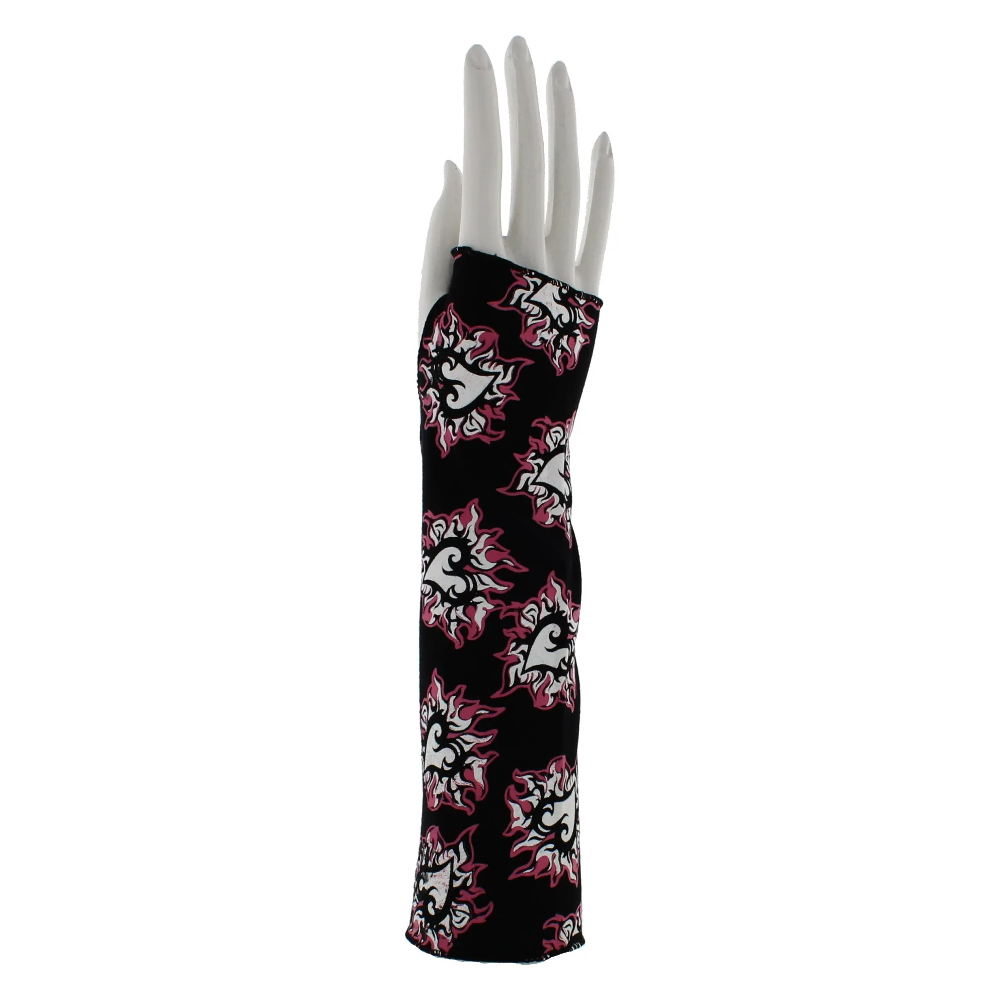 Black Long Fingerless Gloves with Pink Flaming Hearts