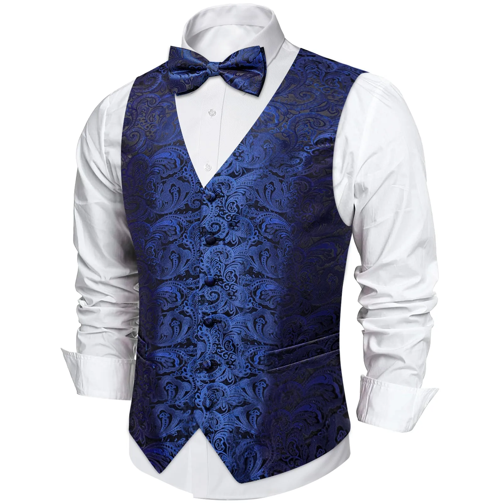 Blue Black Paisley Jacquard Silk Men's Vest Bow Tie Handkerchief Cufflinks Set