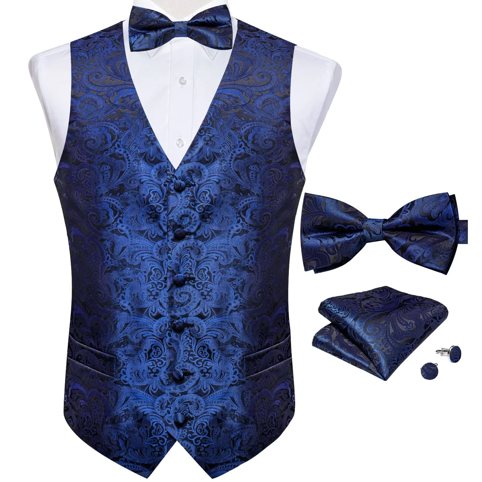 Blue Black Paisley Jacquard Silk Men's Vest Bow Tie Handkerchief Cufflinks Set