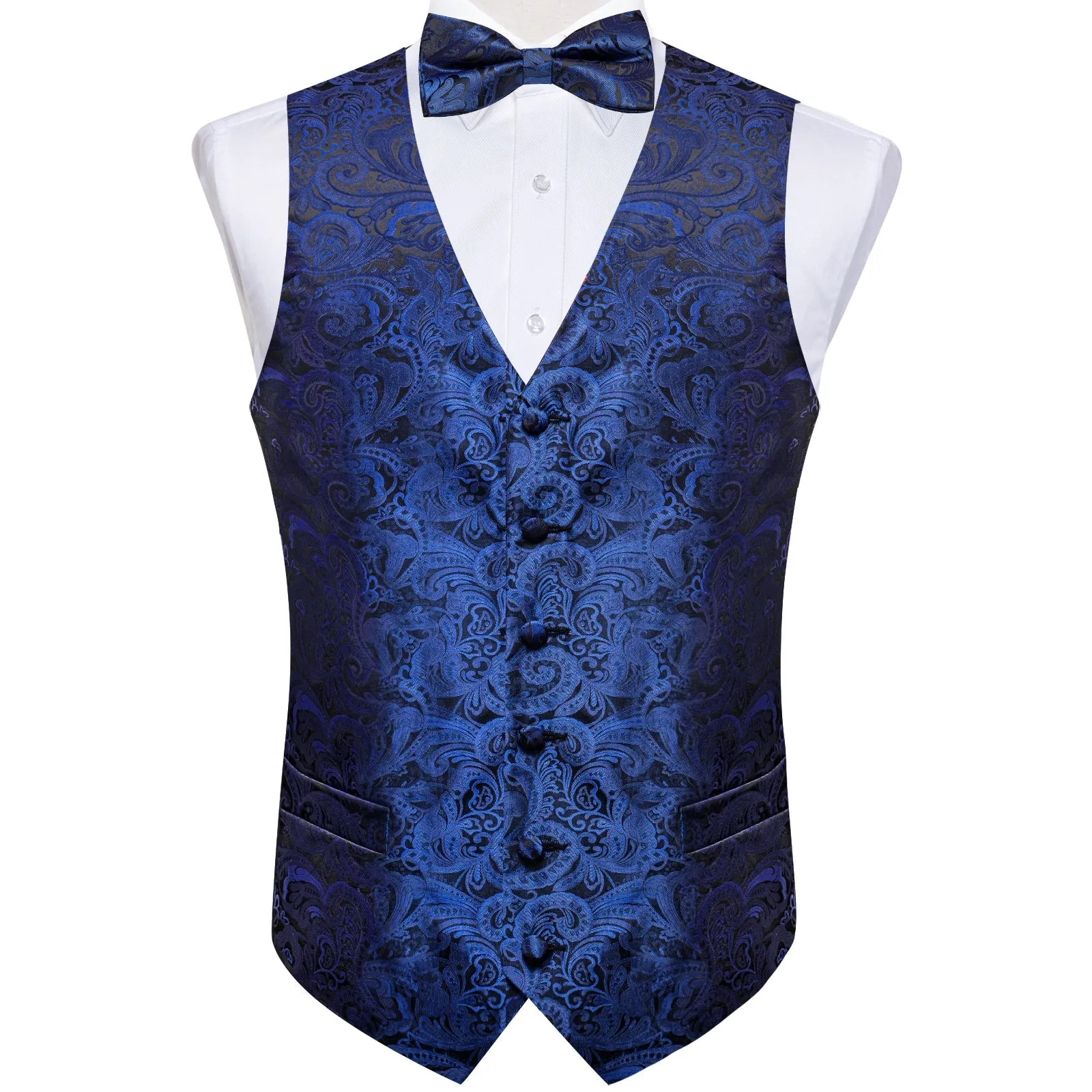 Blue Black Paisley Jacquard Silk Men's Vest Bow Tie Handkerchief Cufflinks Set