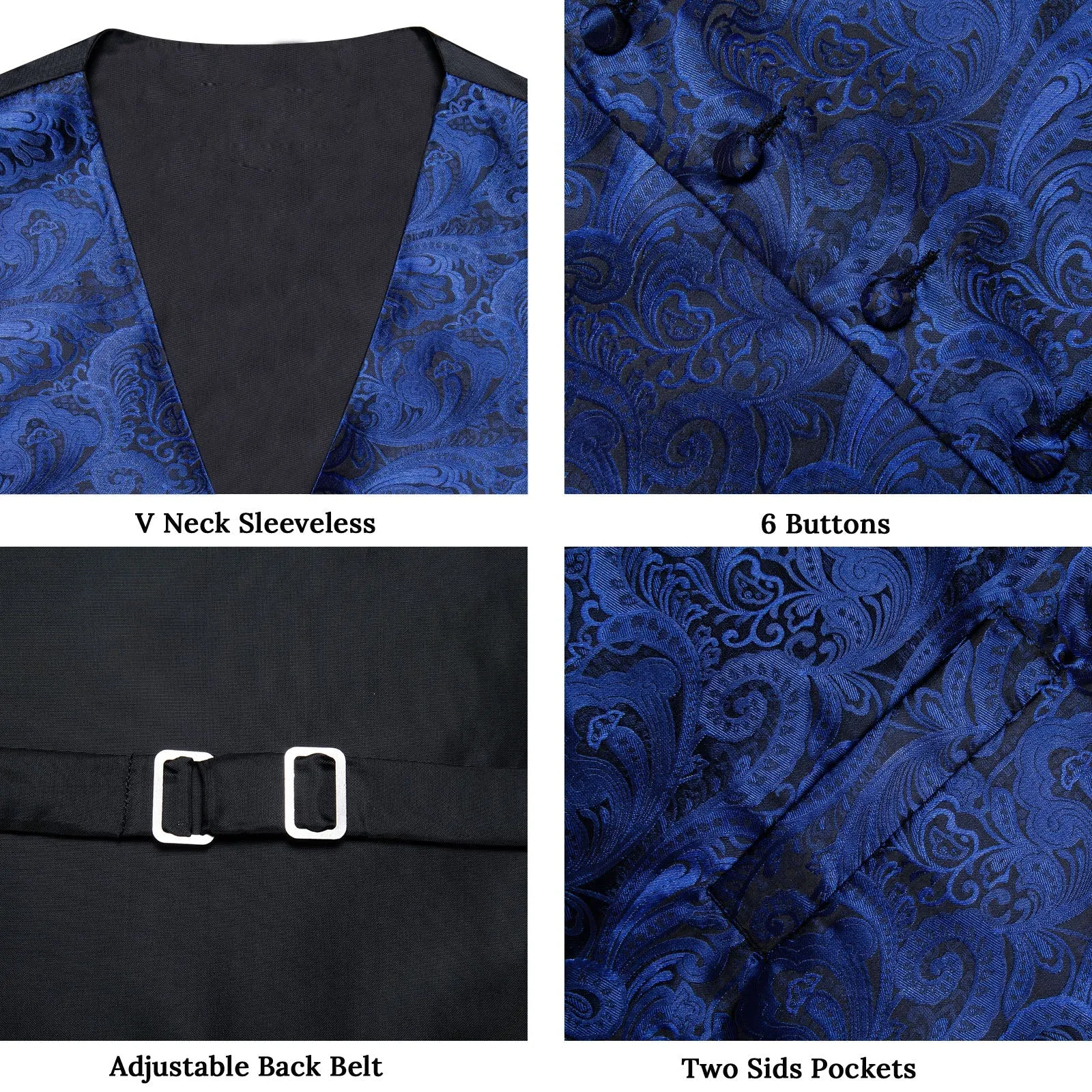 Blue Black Paisley Jacquard Silk Men's Vest Bow Tie Handkerchief Cufflinks Set