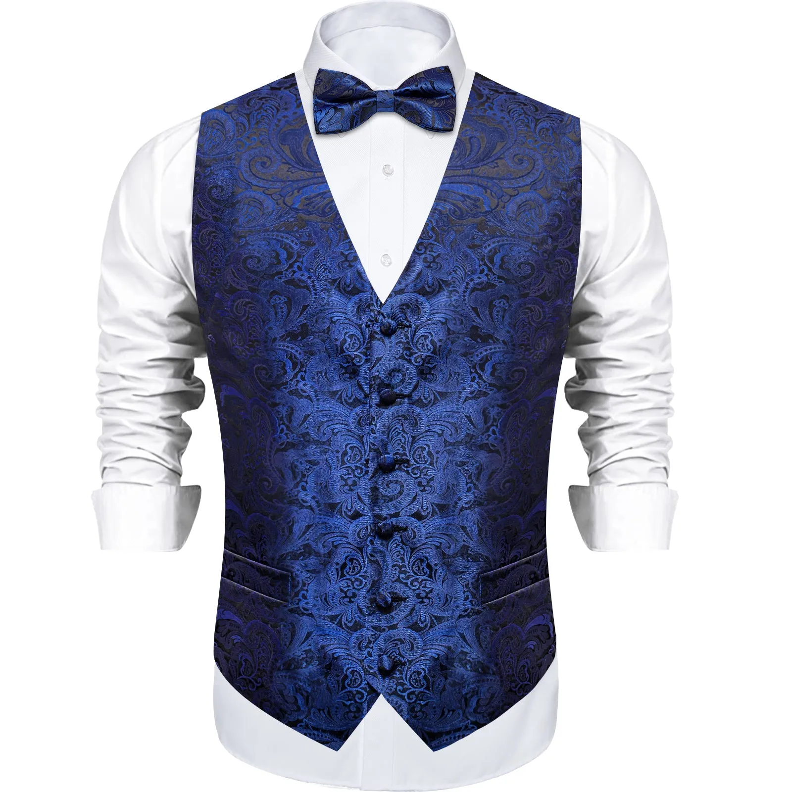 Blue Black Paisley Jacquard Silk Men's Vest Bow Tie Handkerchief Cufflinks Set