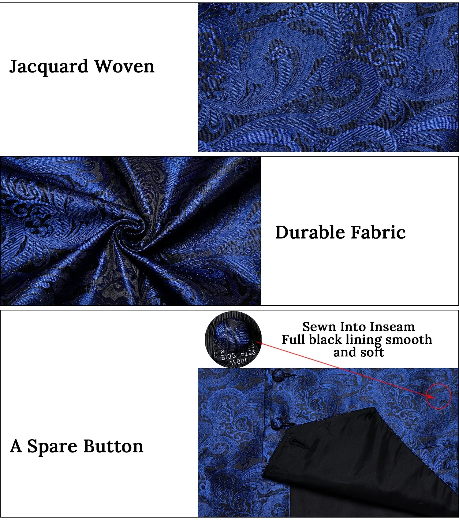 Blue Black Paisley Jacquard Silk Men's Vest Bow Tie Handkerchief Cufflinks Set