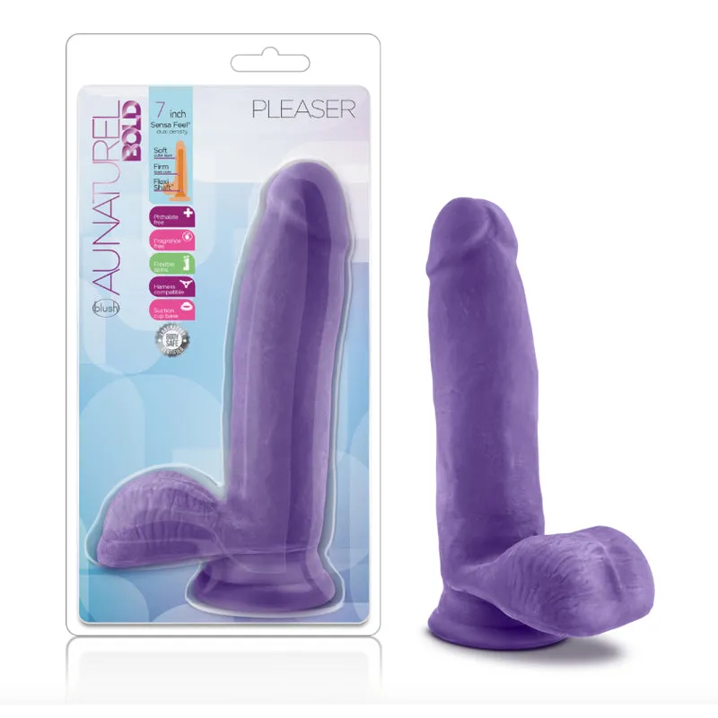 Blush Au Naturel Bold Pleaser 7 in. Posable Dual Density Dildo with Balls & Suction Cup Purple