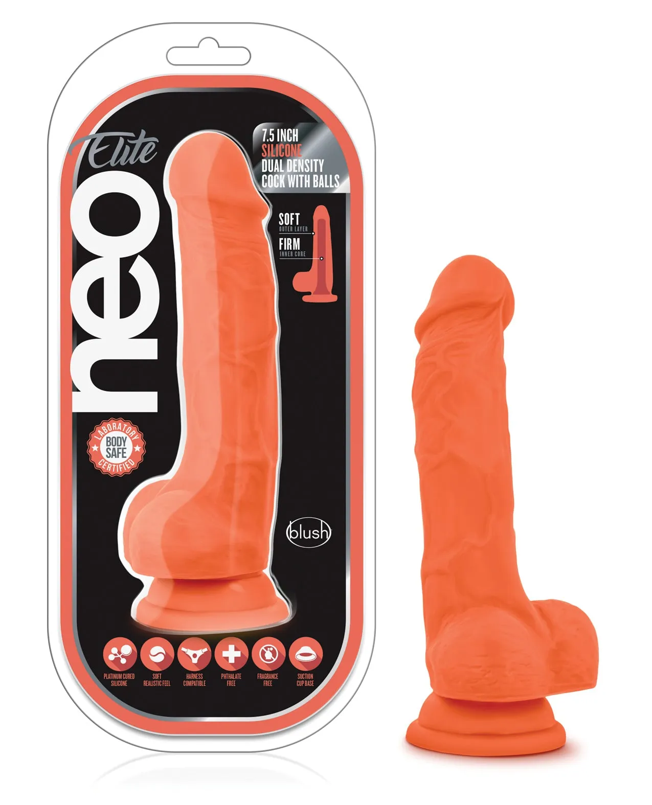 Blush Neo Elite 7.5" Silicone Dual Density Cock w/Balls - Neon Orange