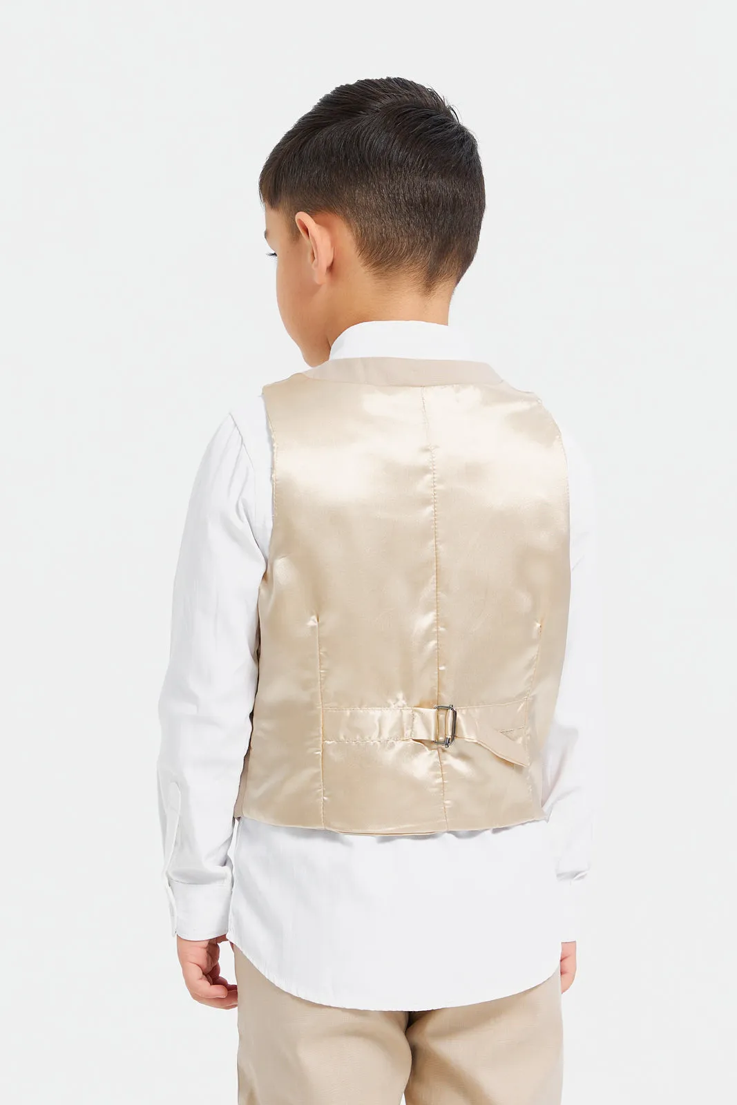 Boys Beige And White Vest And Shirt Set (2 Piece)