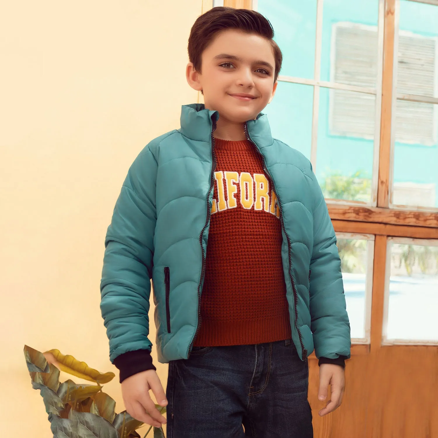 Boys Taffeta Quilted Jacket Chevron-Teal