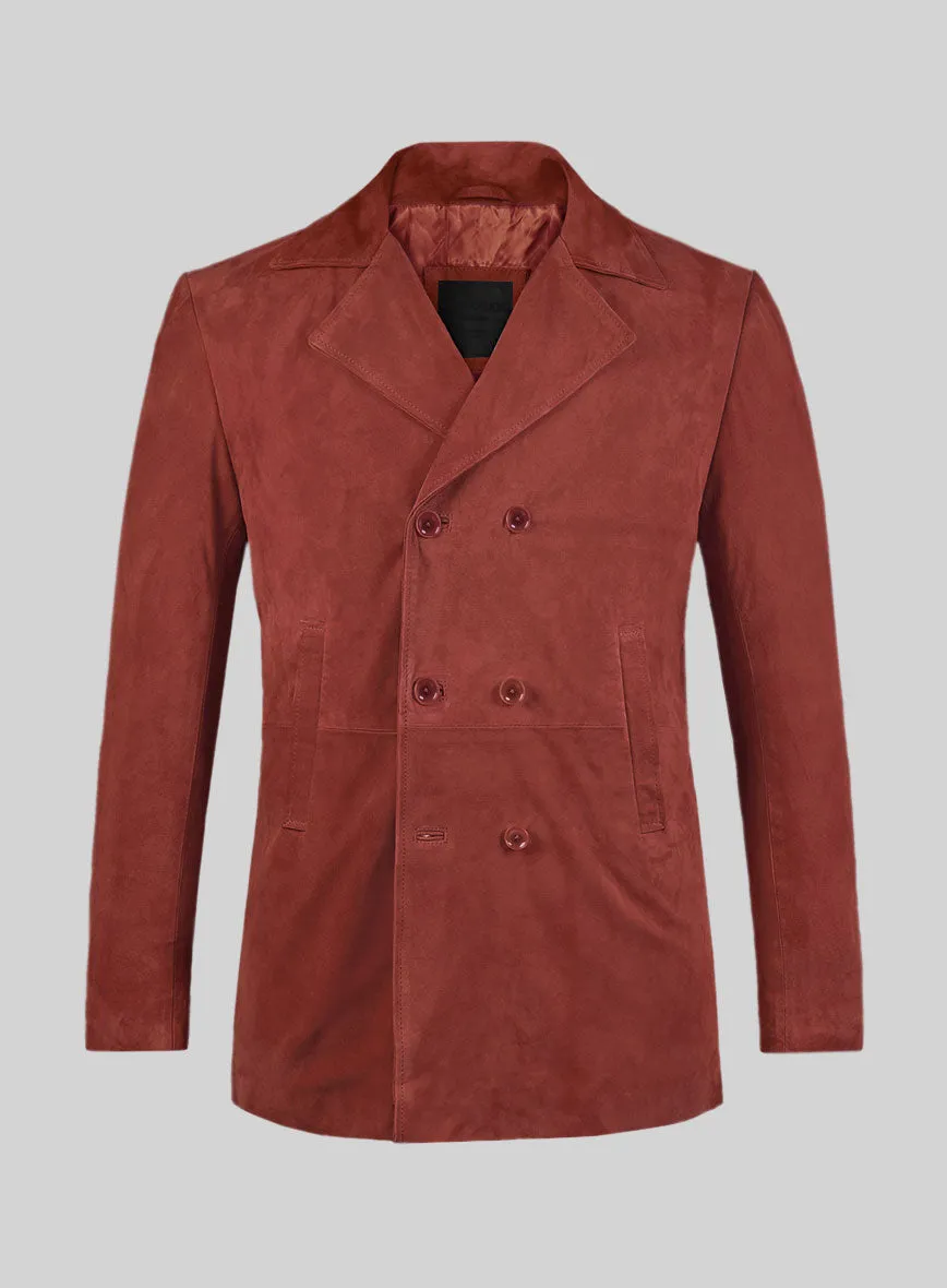 Burnt Red Suede Leather Pea Coat