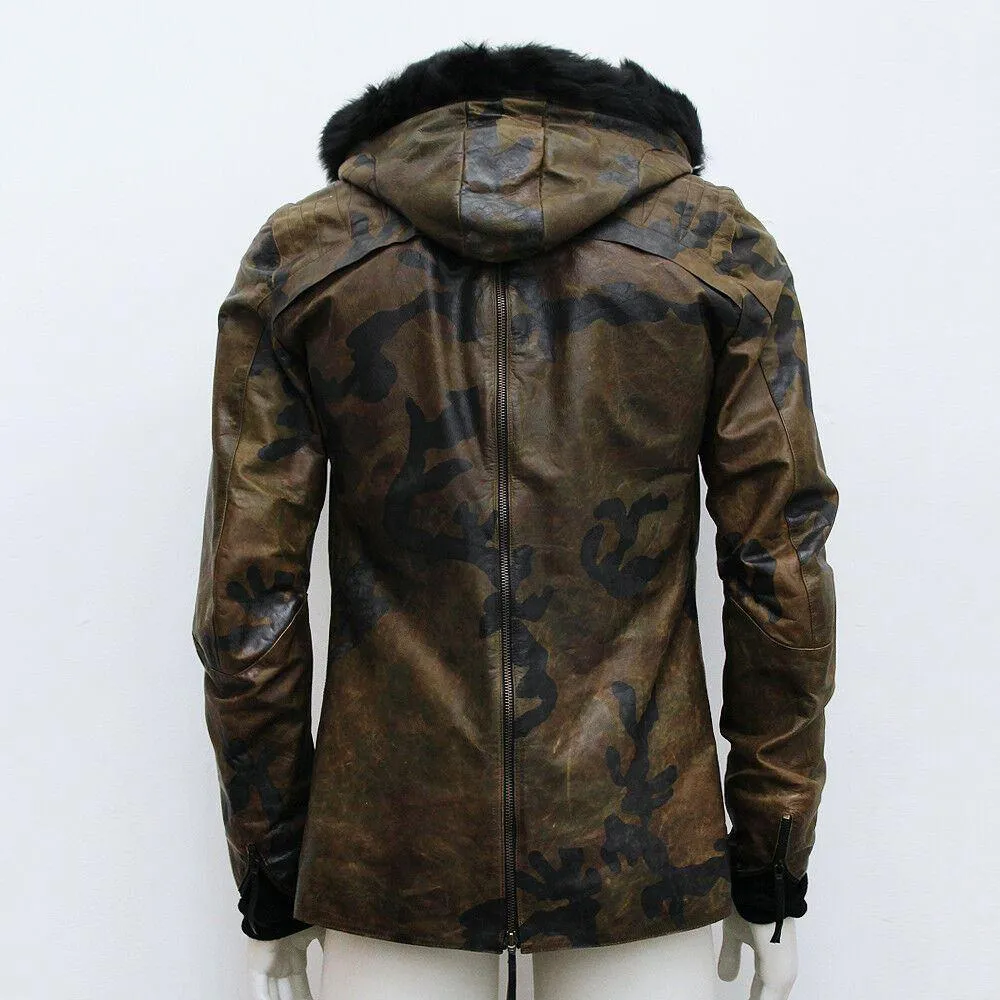 Camouflage Calfskin Leather Jacket With Fur Hood