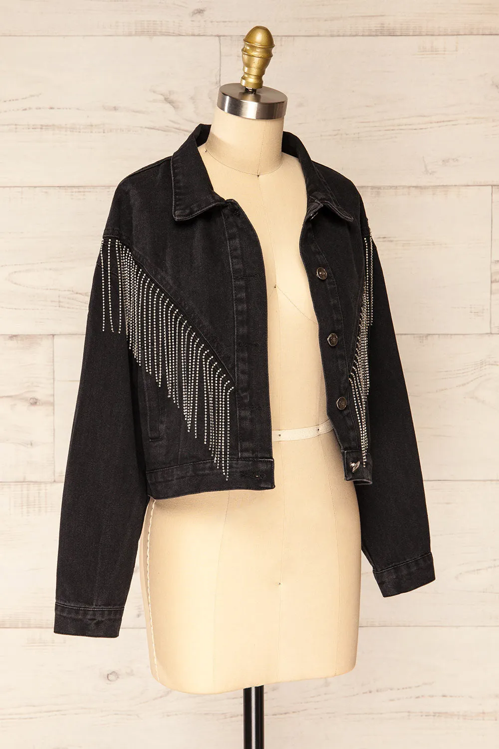 Catacupamba | Black Cropped Denim Jacket w/ Sequin Fringe