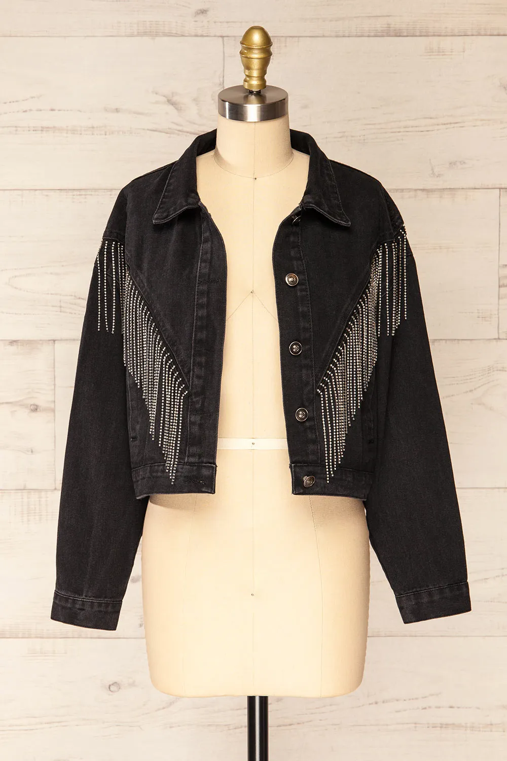 Catacupamba | Black Cropped Denim Jacket w/ Sequin Fringe