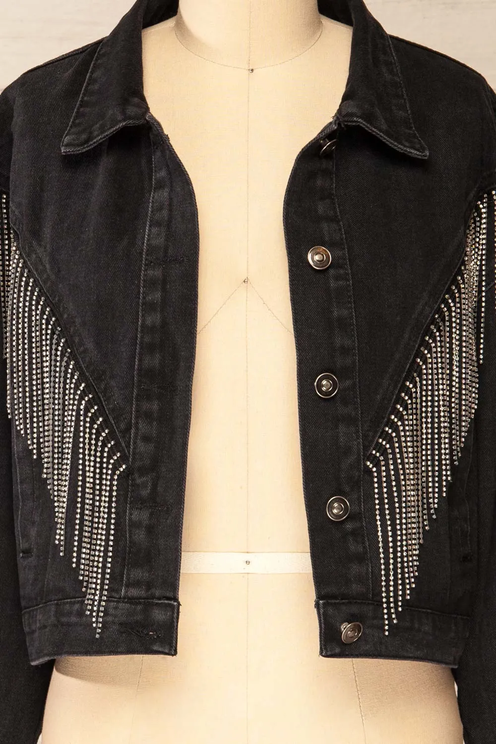 Catacupamba | Black Cropped Denim Jacket w/ Sequin Fringe