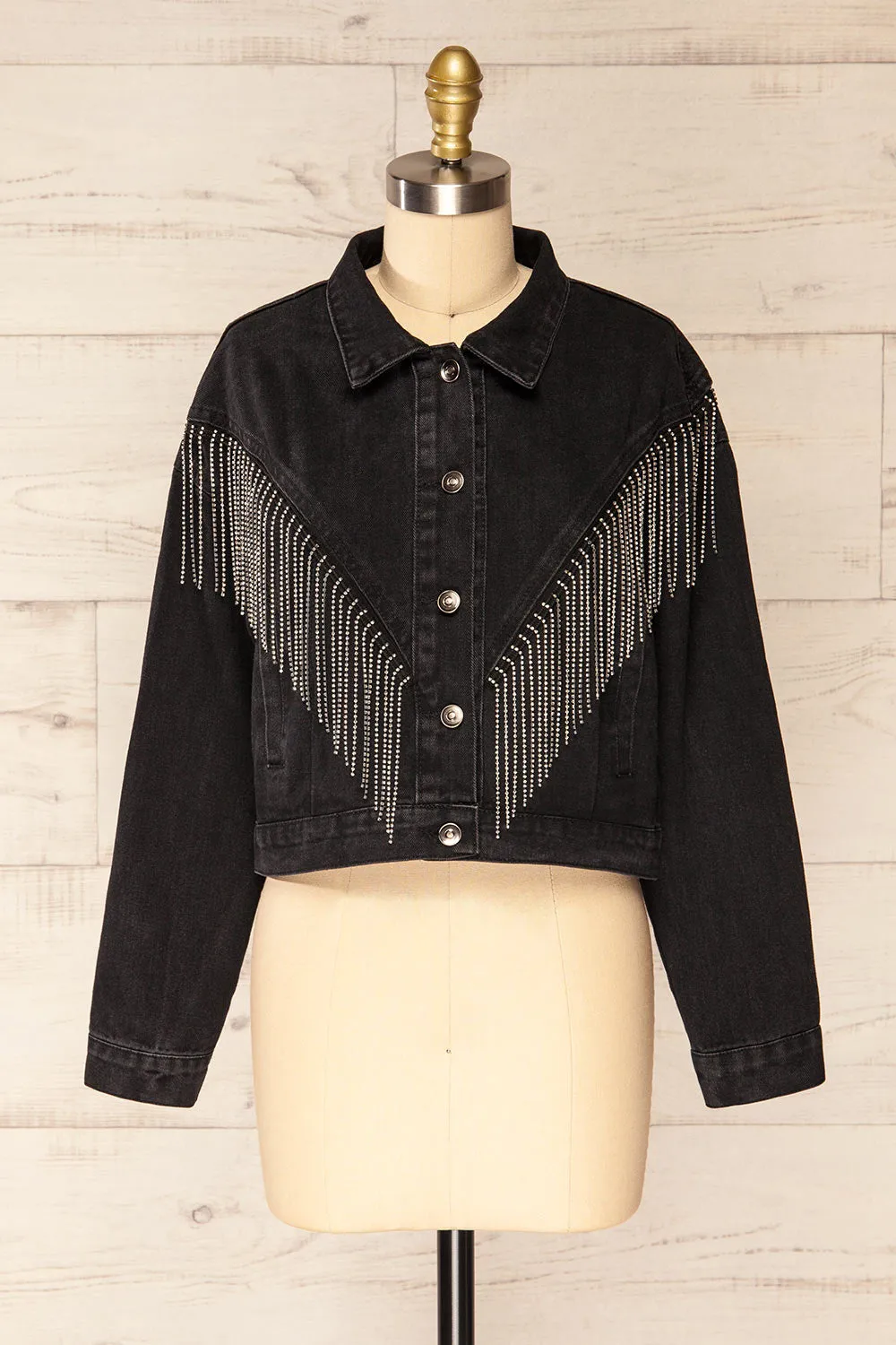 Catacupamba | Black Cropped Denim Jacket w/ Sequin Fringe