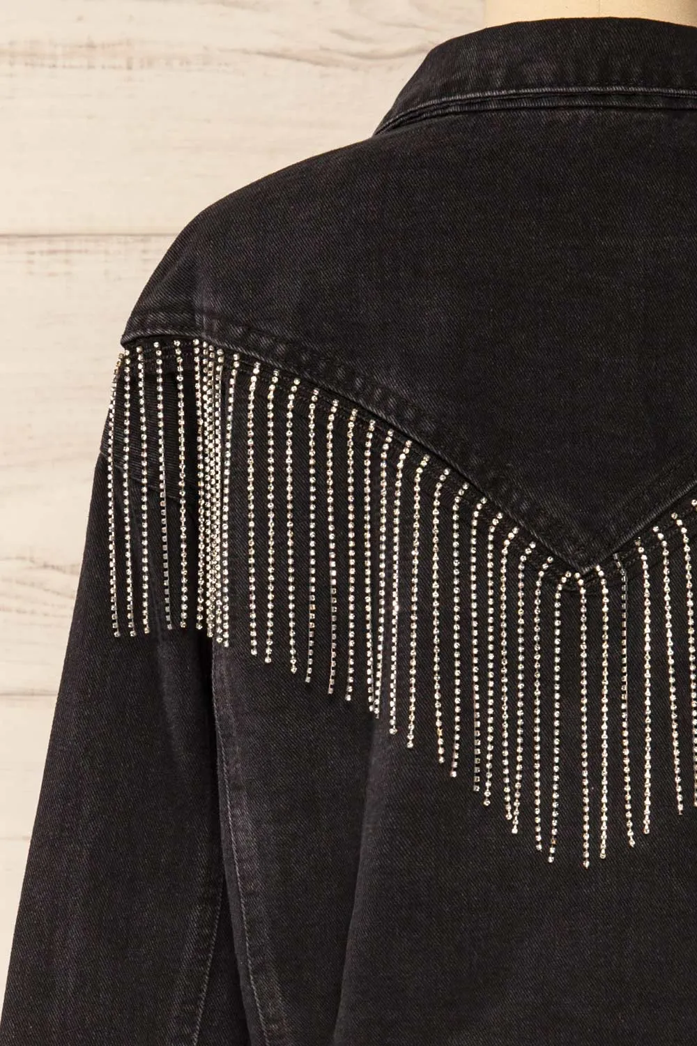 Catacupamba | Black Cropped Denim Jacket w/ Sequin Fringe