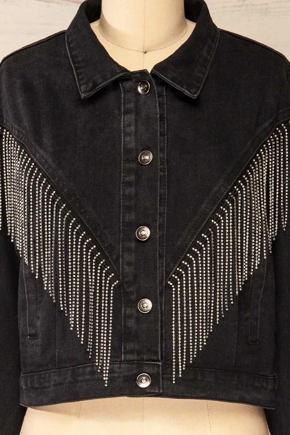 Catacupamba | Black Cropped Denim Jacket w/ Sequin Fringe