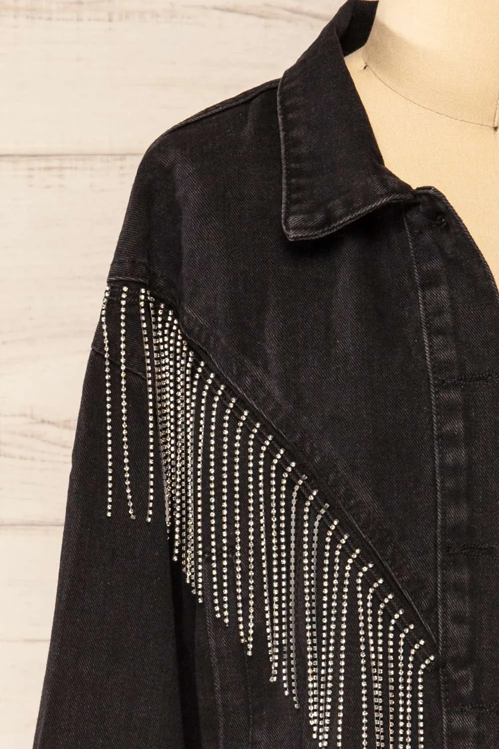 Catacupamba | Black Cropped Denim Jacket w/ Sequin Fringe