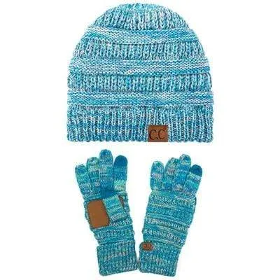 C.C YJ816G816 - Unisex Soft Stretch Cable Knit Three Tone Beanie and Anti-Slip Touchscreen Gloves Set