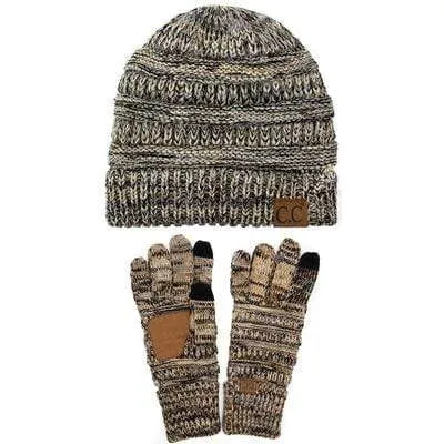 C.C YJ816G816 - Unisex Soft Stretch Cable Knit Three Tone Beanie and Anti-Slip Touchscreen Gloves Set